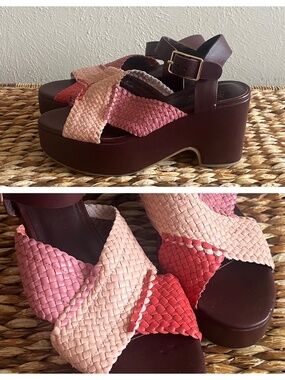 Charlotte Stone pink red brow woven Cross strap Leather platform heels 8